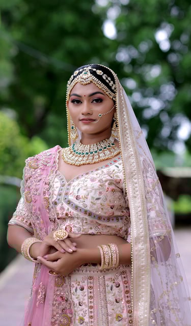 Beautiful bride in pink bridal lehenga with floral embroidery, modern bridal makeup, and heavy 