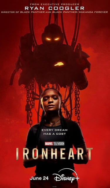 a woman in a black top and red pants, with a red background and a