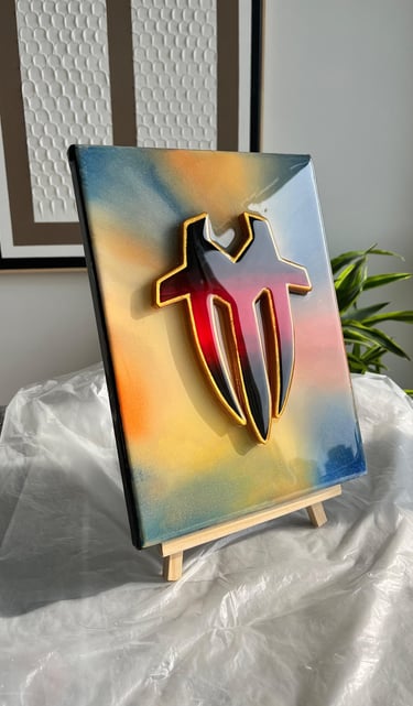 a painting of a man's face with a shield on it