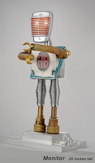 Assemblage robot sculpture named Monitor by artist Tal Avitzur.