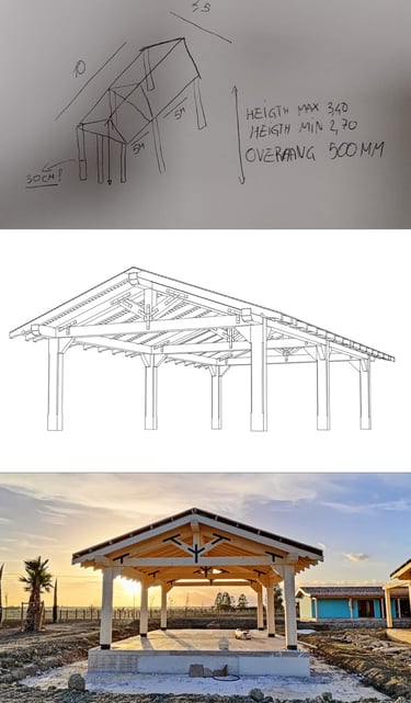 Medinės pavėsinės projektavimas nuo eskizo iki pastatytos konstrukcijos