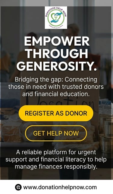 Donation Help Now banner for urgent support, financial education, and donor registration.