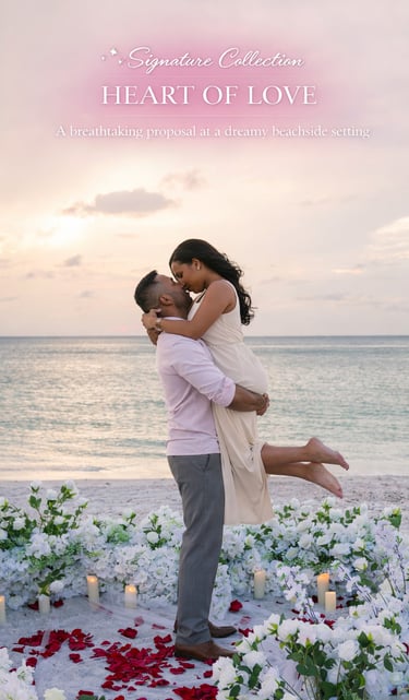 A romantic beachside marriage proposal with a couple embracing among white flowers and candles.