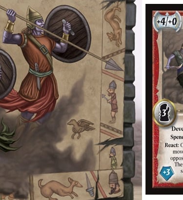 A game card with a picture of knights in a battle