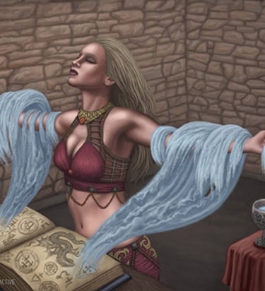 a woman in an ancient top and a book of spells