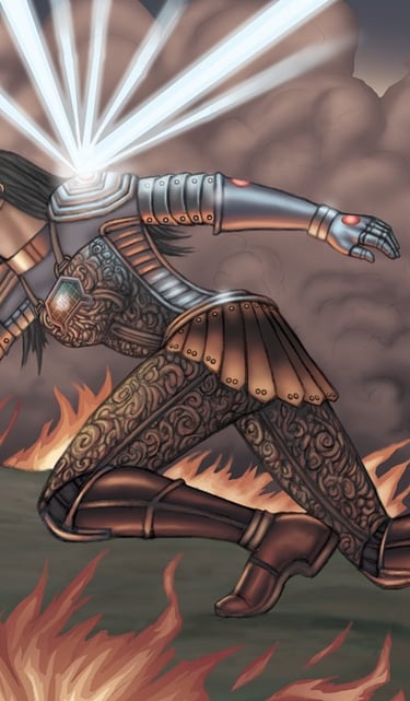 a Art of a woman in a costume is running through a fire