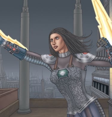 a woman in a futuristic costume shooting fire