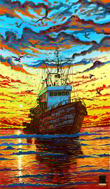 landscape painting  of sun rise with sailing boat and flying birds made using photoshop