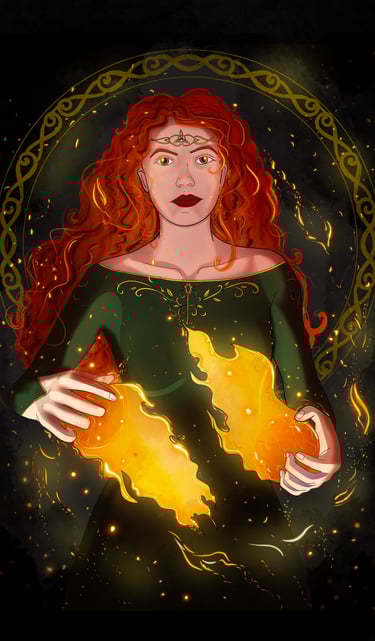 fantasy character artwork of a woman with red hair and a green dress and fire magic 