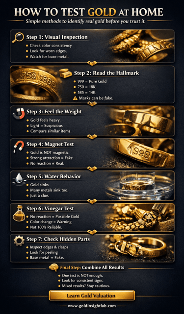 How to test gold at home infographic showing visual inspection, hallmark check, magnet test, weight 