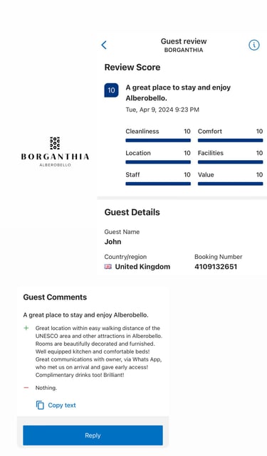 Recensione 10/10 per BORGANTHIA con commenti positivi su comfort e accoglienza.