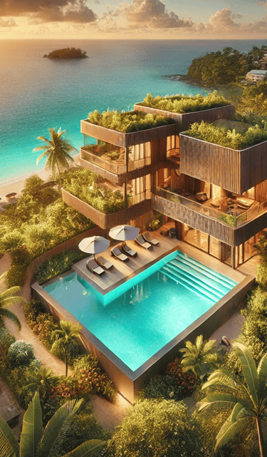 Vue aérienne d'un complexe hôtelier haut de gamme niché dans un jardin tropical luxuriant avec piscine, construit en bois dur