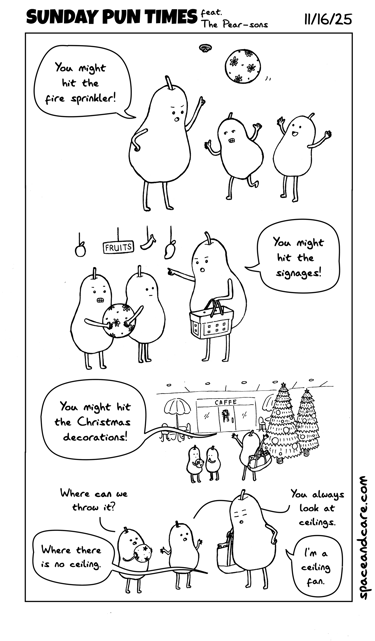 Pears being told not to play ball inside.