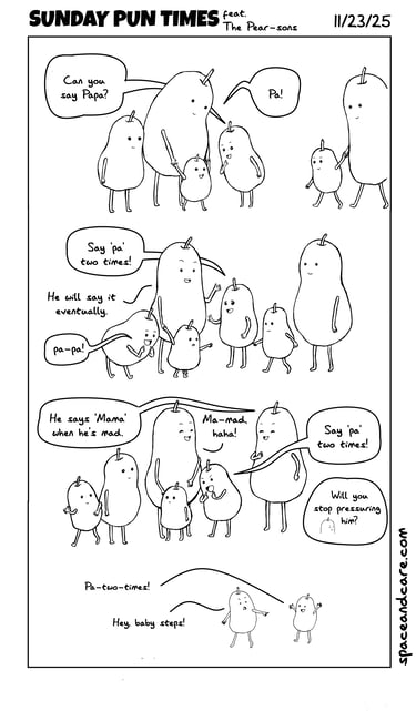 The pear family teaching baby pear to say "papa."