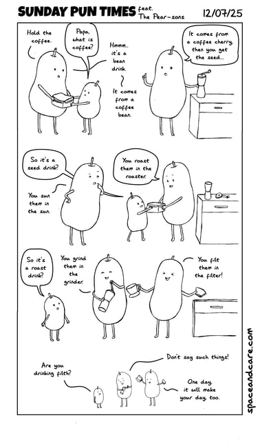 Pear characters talking about coffee.