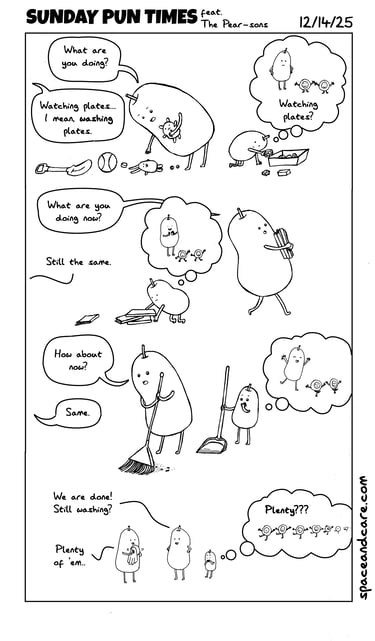 Pear-ents talk about chores while the child pear wonders about a misunderstanding.