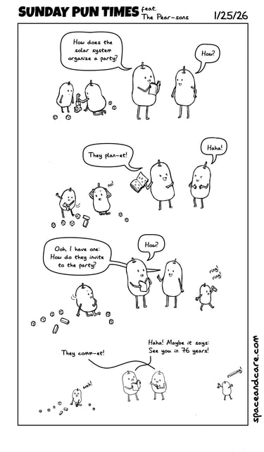 Two pear-sons making jokes while two little pears play in the background.