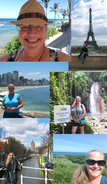 A collage of photos from Mary's travels. 