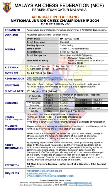 Malaysia Chess. Catur Malaysia. Malaysian Chess Federation. National Junior Chess Championship 2024