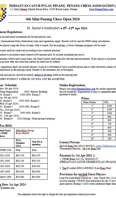 4th Mini Penang Chess Open 2024. Malaysia Chess. Catur Malaysia