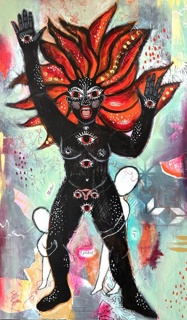 Painting of a raging mother trying to protect her children from nowaday's society's harm