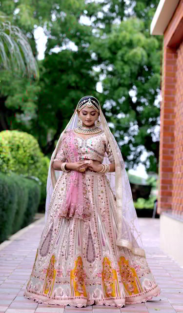 Bride in golden pink lehenga with kundan bridal jewelry, bold eye makeup, and traditional hairstyle.