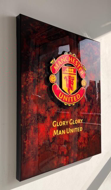 a picture of a framed picture of a manchester united football club logo