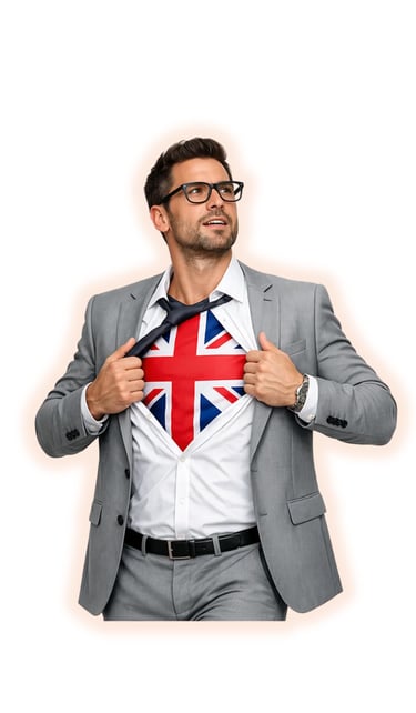 A businessman in a grey suit reveals a UK Union Jack flag shirt underneath, symbolizing British business strength.