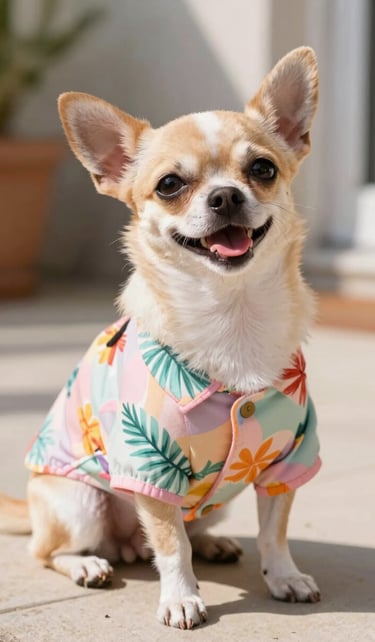 A happy tan and white Chihuahua wearing a colorful floral print dog shirt sitting outdoors.