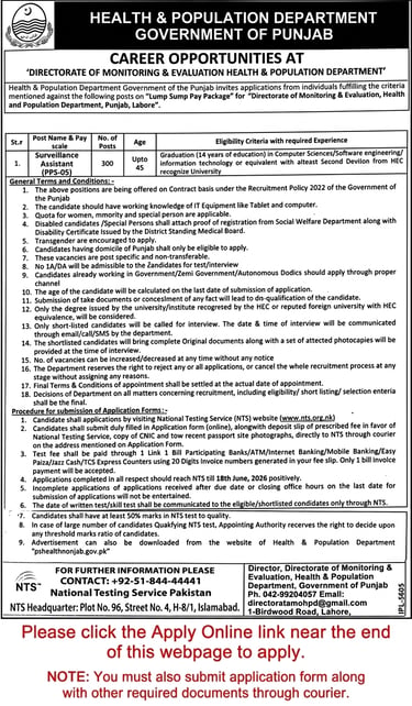 Health and Population Department Punjab Surveillance Assistant Jobs 2026 NTS Advertisement