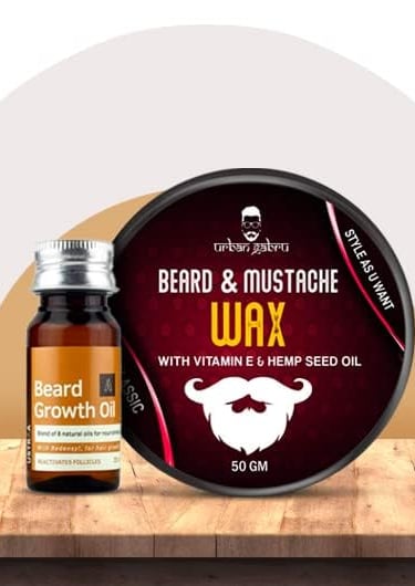 Urban Gabru beard growth oil and mustache wax with hemp seed oil for men's grooming.