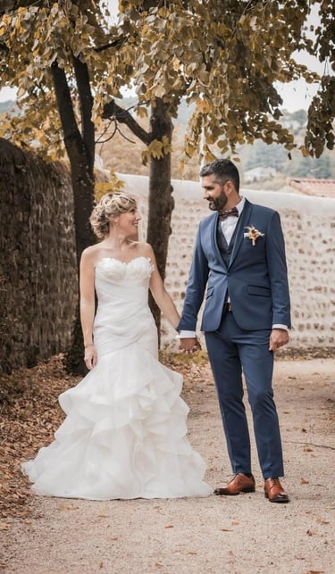 couple de mariés se regardant dans un parc