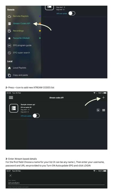 Step-by-step tutorial for configuring an IPTV player using Xtream Codes API login credentials.