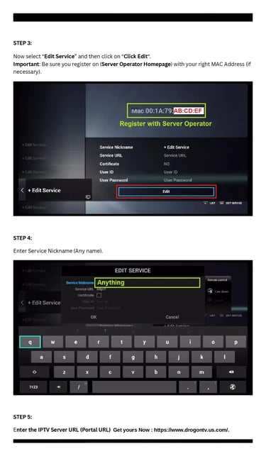 Step-by-step tutorial for IPTV service setup on a media player, showing MAC address registration and URL configuration.