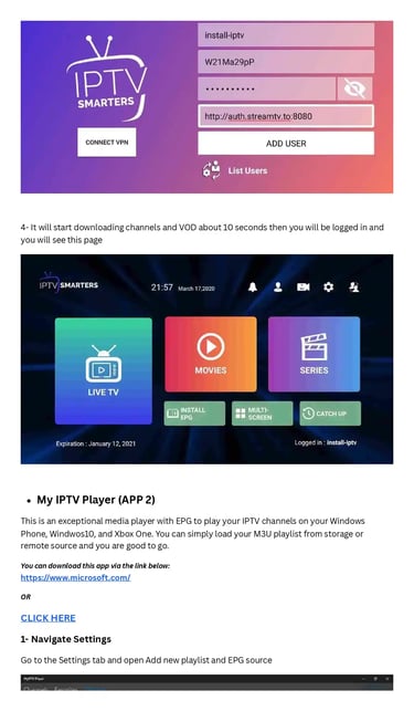 IPTV Smarters Pro app interface showing login setup and main dashboard with Live TV, Movies, and Series options.