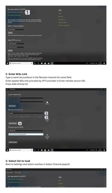 Step-by-step tutorial screenshots showing how to configure M3u links and EPG settings in the MyIPTV Player app.