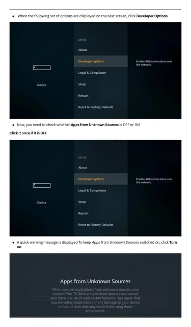 Step-by-step guide to enabling Developer options and Apps from Unknown Sources on Amazon Fire TV Stick.