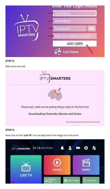 Step-by-step IPTV Smarters login guide showing how to download channels and select Live TV.