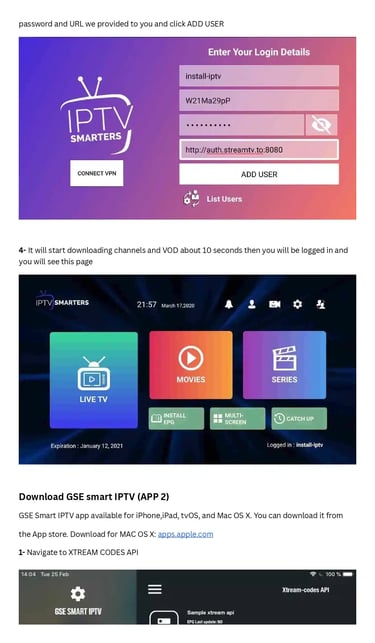 Step-by-step tutorial for setting up IPTV Smarters and GSE Smart IPTV applications on various devices.