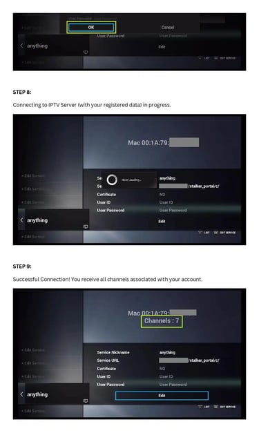 Step-by-step IPTV server connection guide showing login credentials and successful channel activation.