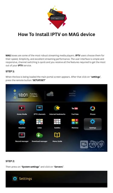 Step-by-step tutorial on how to install IPTV on a MAG device showing the settings menu interface.