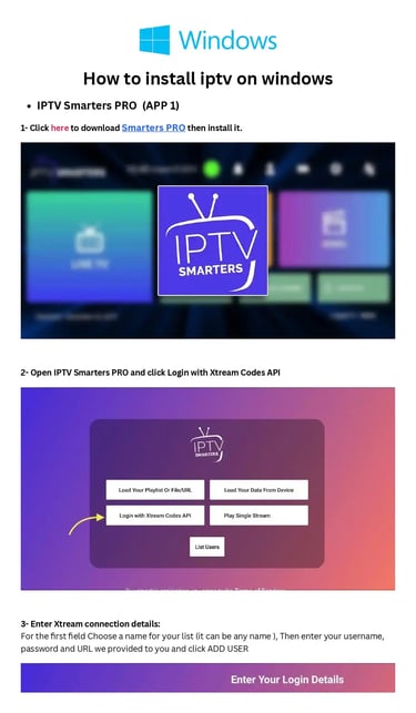 Step-by-step tutorial on how to install and log in to IPTV Smarters Pro on Windows using Xtream Codes API.
