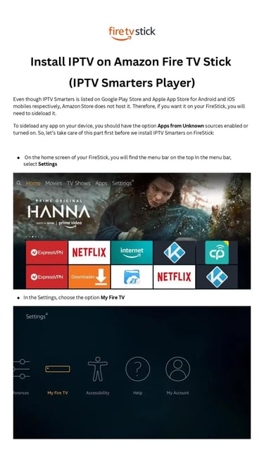 Step-by-step guide showing how to install IPTV Smarters on an Amazon Fire TV Stick via settings.