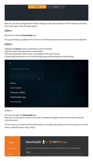 Step-by-step guide to installing the Downloader app on an Amazon FireStick for sideloading third-party apps.