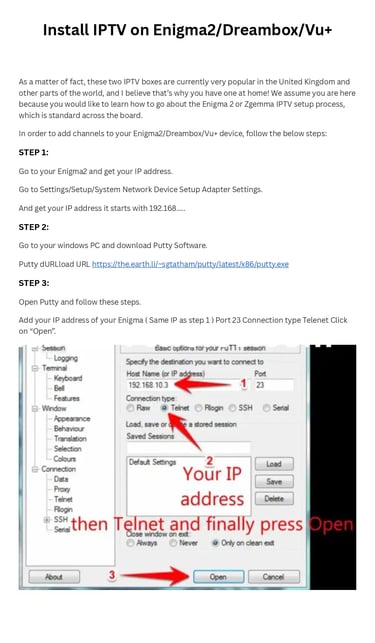 Step-by-step tutorial screenshot showing how to install IPTV on Enigma2 using Putty software and Telnet settings.