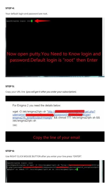 Step-by-step tutorial for Enigma 2 IPTV setup using root login and PuTTY terminal commands.