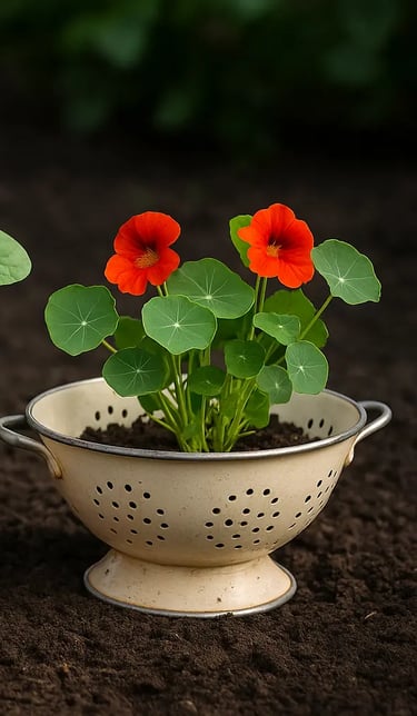 Pot de fleurs DIY fabriqué à partir d’une passoire en métal, contenant des capucines