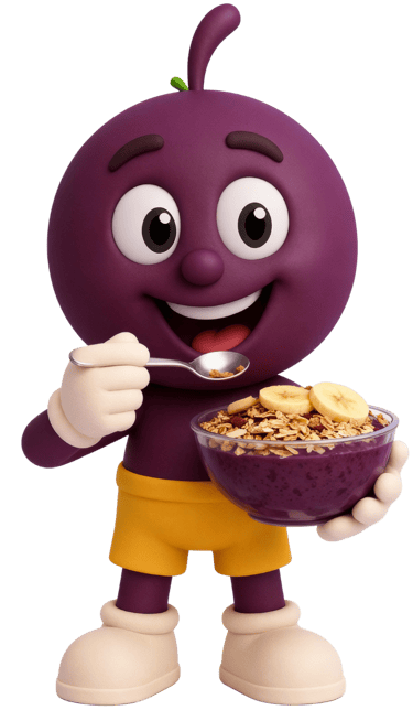 Mascote Açaí Mais Brasil comendo Açaí