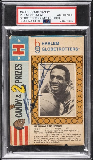 1971 Phoenix Candy Meadowlark Lemon Curly Neal Signed Basketball Card Harlem Globetrotters Box