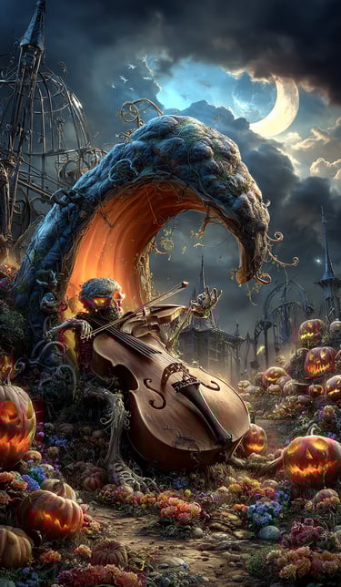 ghoul playing a cello in a haunted pumpkin patch 